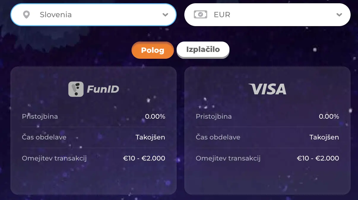 Način vplačila za Slovenijo v EUR, prikazuje možnosti FunID in VISA z 0% pristojbino, takojšnjo obdelavo in